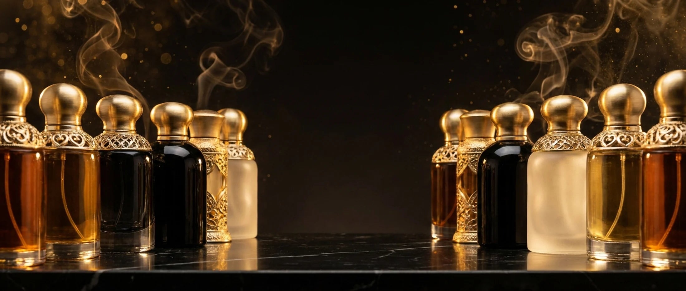 Arabian perfume bottles in warm golden light