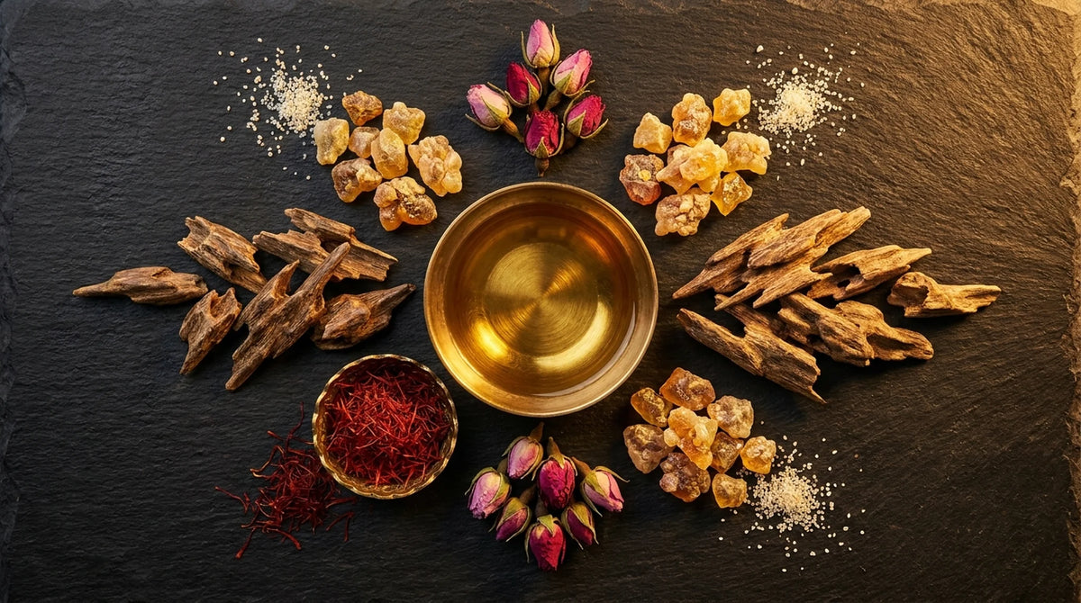 Perfume ingredients flatlay with oud, amber and rose